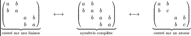 \begin{displaymath}
\underbrace{\pmatrix{a & b & & \cr b & a & & \cr & & a & b \...
...& & a & b \cr & & b & c
\cr}}_{\text{centr\'e sur un atome}}
\end{displaymath}