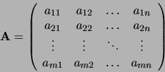 \begin{displaymath}
{\bf A}= \left(\begin{array}{cccc}a_{11}&a_{12}&\ldots&a_{1n...
...ots&\vdots \\
a_{m1}&a_{m2}&\ldots&a_{mn} \end{array}\right)
\end{displaymath}