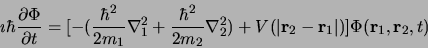 \begin{displaymath}
\imath\hbar{\partial \Phi \over \partial t} = \lbrack -({\hb...
...}_2
- {\bf r}_1 \vert )\rbrack \Phi ({\bf r}_1, {\bf r}_2, t)
\end{displaymath}