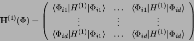 \begin{displaymath}
{\bf H}^{(1)}(\Phi) = \left(\begin{array}{ccc}
\langle\Phi_{...
...\Phi_{id}\vert H^{(1)}\vert\Phi_{id}\rangle \end{array}\right)
\end{displaymath}